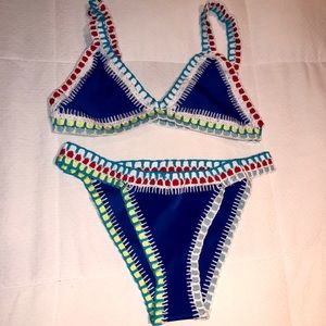 Blue Knit Bathing Suit Set